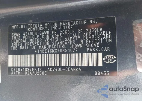 2007 Toyota Camry Ce/Le/Se/Xle z USA, uszkodzony, nr VIN 4T1BE46K874651077